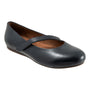 Flat shoe, black leather, Softwalk Syracuse with diagonal strap and cushioned footbed for comfort, shown on white background.