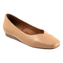 Flat slip-on shoe, tan, Softwalk Vina, mini-wedge heel, rounded toe, cushioned footbed and arch support on white background.