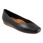 Flat shoe, black leather with brown sole, low mini-wedge heel, cushioned footbed. Brand: Softwalk Vina.