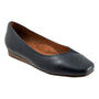 Flat shoe, black leather, mini-wedge, cushioned removable footbed, brown interior. Softwalk Vina on white background.