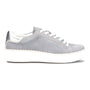 Sneaker, gray suede, Sofft Frazier with white laces, blanket-stitch detail, thick white sole shown from the side.