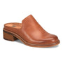 Mule by Sofft, brown Italian leather with low wood heel and visible stitching, western-chic design.
