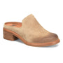 Mule by Sofft in tan suede with low stacked heel, rounded toe, and cushioned footbed for comfort.