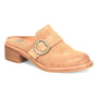 Mule, tan Italian leather, Sofft Tiffany with low block heel, round toe, bold buckle detail. Supportive heel structure.