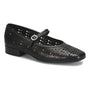 Mary Jane shoe, black leather, laser-cut upper, block heel, buckle strap; features cushioned insole for comfort. Sofft.