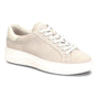 Sneaker, beige Italian suede, Sofft Frazier II with white laces, cushioned footbed, thick sole, side view.