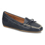 Loafer flat, navy blue leather, Sofft Pam, with bow and white stitching, shown on white background.
