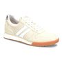 Runner shoe, beige textile with white laces, stripes, gum sole, and silver heel accent. Sofft Kameron comfort footwear.
