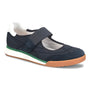 Mary Jane shoe, navy/white fabric, Sofft Kelly, Velcro strap, green accent, cushioned sole for comfort.