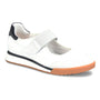 Shoe, Sofft Kelly, white with tan sole, black heel, wide Velcro strap, cushioned insole for comfort.