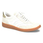 Shoe, white suede and mesh, Sofft Remmi with cushioned insole, metallic heel detail, tan rubber outsole.