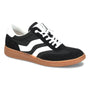 Shoe, black and white suede Sofft Remmi sneaker with cushioned insole and gum sole, shown at a diagonal angle.