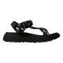 Sandal, Mykos Solstice, synthetic geometric strap and thick ridged sole, side profile. Cushioned sole visible for comfort.