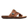 Sandal, light brown cork sole, woven toe ring detail, silver button. Scarlett by Mykos. Flat and supportive for travel.