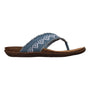 Sandal, Mykos Jovie, blue synthetic with white geometric pattern, brown footbed, shock-absorbing outsole, side view.