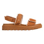 Sandal, brown suede, Mykos Ciara with comfort fit, thick sole, white stitching, textured bottom. Side view.
