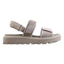 Sandal, Mykos Ciara: beige suede with two velcro straps, frayed white edges, thick textured sole for support side view.