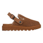 Shoe, brown suede Mykos Lilah mule with thick tread sole, white stitching, adjustable heel buckle for support.