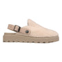 Sandal, beige fuzzy upper, thick sole for support, adjustable slingback buckle; Mykos Lilah summer mule.