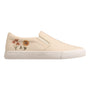 Slip-on shoe, beige fabric, Ortholite footbed, white sole, floral embroidery at heel; Mykos Piper comfort footwear.