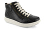 Sneaker, black leather, Strive Kensington with white sole, gold zipper, cushioned EVA footbed for comfort.