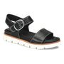 Sandal, Sofft Gweneth, black with white stitching, cushioned footbed, silver buckle, brown accent.