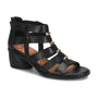 Sandal, black leather with gold accents by Sofft Coco, low block heel, gladiator design, comfort footbed.