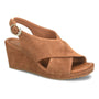 Sandal, tan Italian suede, slingback wedge; crisscross straps, cushioned and adjustable footbed. Sofft Isabeth.