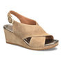 Wedge sandal, tan Italian suede, cushioned footbed, open toe, slingback with gold buckle, brown sole. Sofft Isabeth.