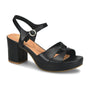 Sandal, black leather, Sofft Lucille with open toe, ankle strap and buckle, cushioned insole, thick block heel.