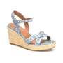 Sandal, Sofft Newbury, light blue braided straps, ankle buckle, jute wedge heel; cushioned footbed for support.