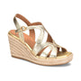 Sandal, gold leather, Sofft Norma, strappy espadrille wedge with braided sole and ankle buckle; cushioned footbed.