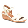 Sandal, Sofft Vanessa, tan cork heel, ankle strap with gold buckle, open toe; side view; visible cushioned insole.