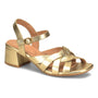 Sandal, gold leather, Sofft Lindsey, strappy block heel, open toe, ankle strap with buckle. Cushion footbed visible.