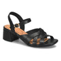 Sandal, The Sofft Lindsey, black block heel with ankle strap and tan footbed, designed for casual comfort.