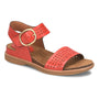 Sandal, red leather, Sofft Bali III with gold buckle, cutouts, cushioned cork footbed, brown sole.