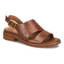Sandal, brown leather, Sofft Nivian, slingback with open toe, low block heel, gold buckle, cushioned footbed.