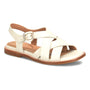 Sandal, Sofft Nancy: white leather fisherman style with silver buckle, flat brown sole, shown on plain white background.