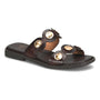 Sandal, brown leather, two wide straps, gold accents. Flat black sole with cushioned footbed. Ezra by Sofft.