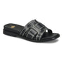 Sandal, black leather, Sofft Rachel with white stitching, comfort footbed and flat sole, shown angled on white background.