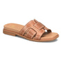 Sandal, brown leather with white stitching, open toe, wide cutout strap. Sofft Rachel. Cushioned footbed visible.