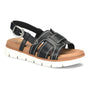Sandal, Sofft Goldie in black leather with white stitching, buckle strap, tan footbed, ultralight lug sole.