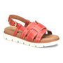 Sandal by Sofft Goldie in red leather with gold buckle, tan cushioned footbed, ultralight lug sole.