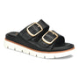 Sandal, black leather Sofft Gabby with two gold buckles, cushioned insole, thick white sole, shown at an angle.