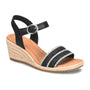 Sandal, black leather Sofft Inez II with ankle strap, buckle, striped toe band, jute wedge sole; cushioned footbed visible.