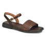 Sandal, brown leather, Sofft Elrose with woven accents, ankle strap, buckle closure, visible stitching.