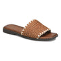 Sandal, brown woven upper with black flat sole, cushioned footbed, light trim. Sofft Elsa comfort footwear.