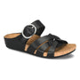Sandal, Comfortiva Gianna, black with cork sole, wide buckle, multiple straps, memory foam footbed for cushioning.
