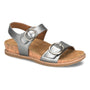 Sandal, silver synthetic, Comfortiva Gibson, two adjustable buckles, memory foam footbed, cork-like midsole.