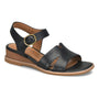Sandal, black leather, Comfortiva Maira, ankle strap, gold buckle, open toe, tan sole, memory foam footbed.